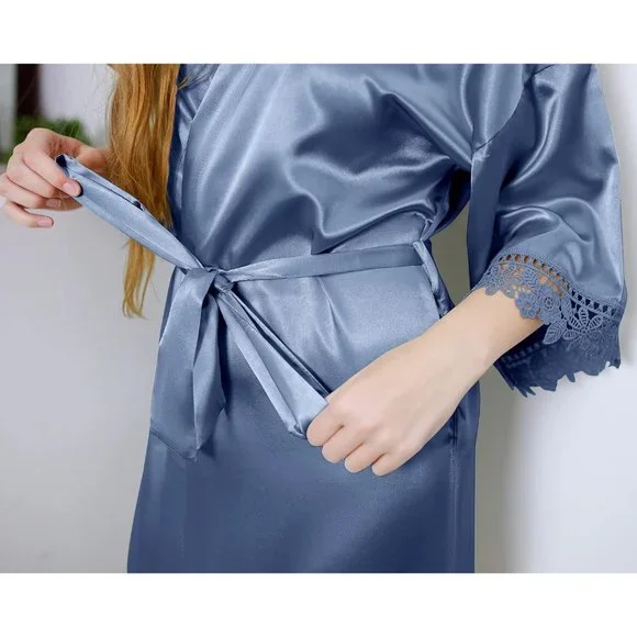 Women's Silk Robe Satin Robe with Lace Trim∣Bridal Party Robe Bride Robe - Picture 4 of 9